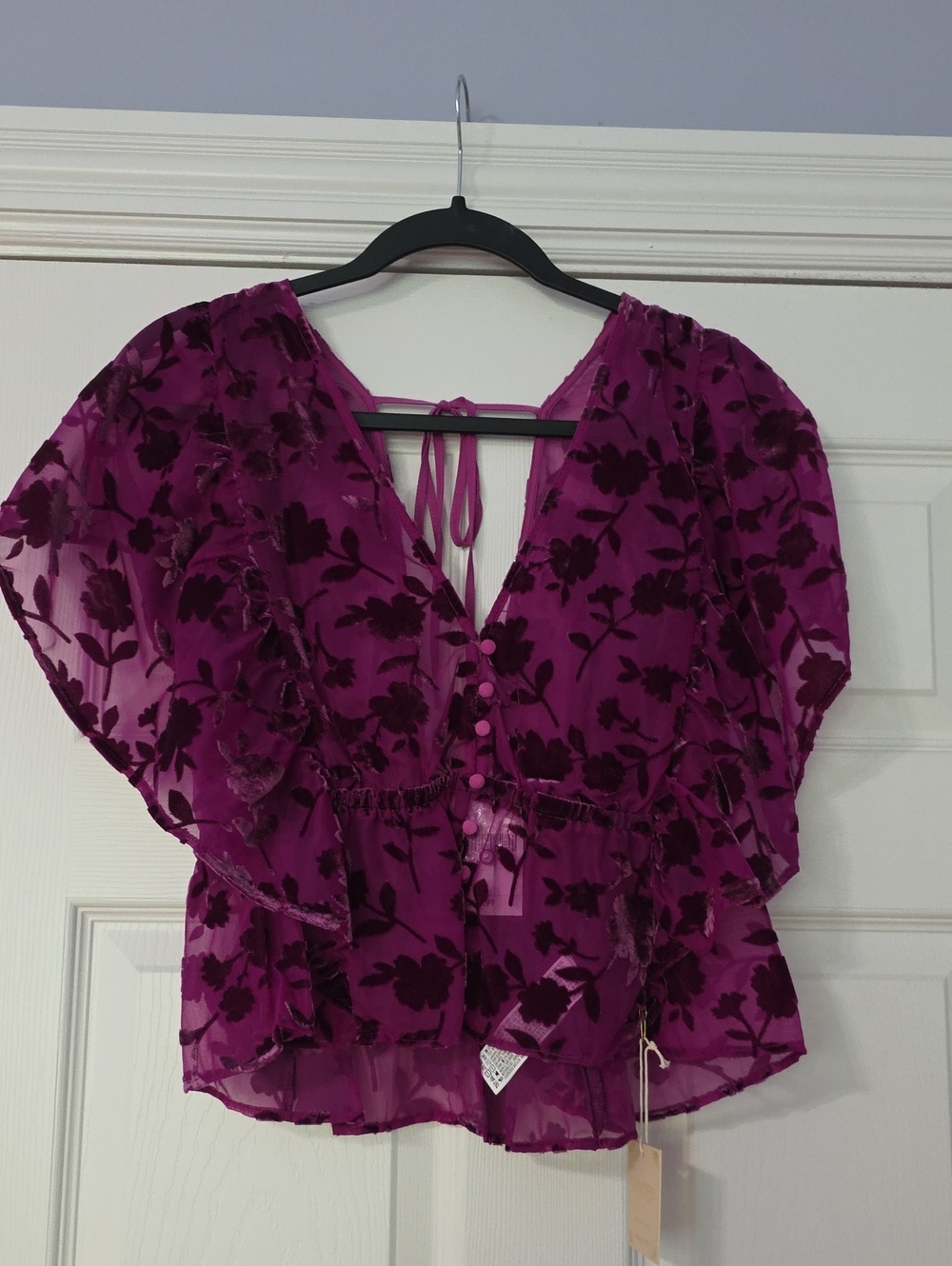 Forever 21 Plum Floral Velvet Burnout V-Neck Blouse